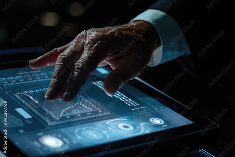 Poster a person's hand interacting with a touchscreen on a tablet device