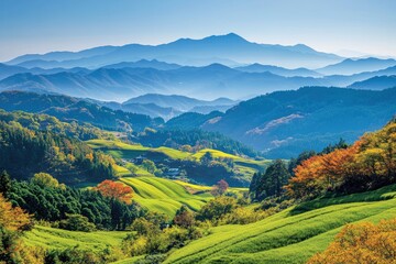 Fototapeta premium Green hills in Japan, morning, featuring a mountain landscape with trees in autumn colors green yellow orange under a clear blue sky, epitomizing serene natural beauty. SHOTLISTtravel , ai
