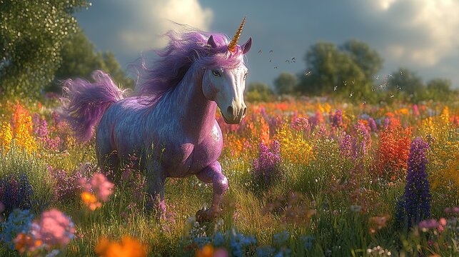 A vibrant flower field is trotted through by a purple unicorn horse, adding a magical touch to the landscape.