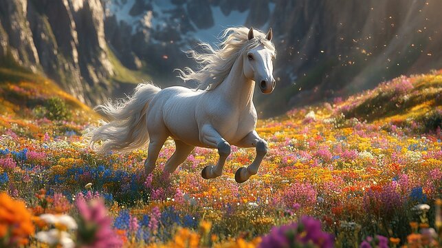 A vibrant flower field is trotted through by a purple unicorn horse, adding a magical touch to the landscape.