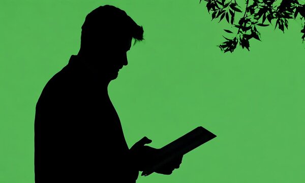 Silhouette of man reading book outdoors with ai generated.
 