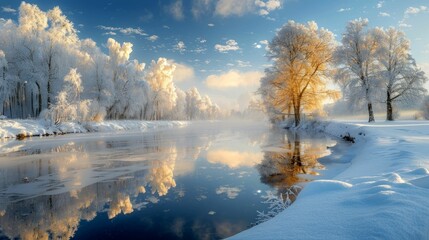 Fototapeta premium Frosty Trees Reflected in a Winter River