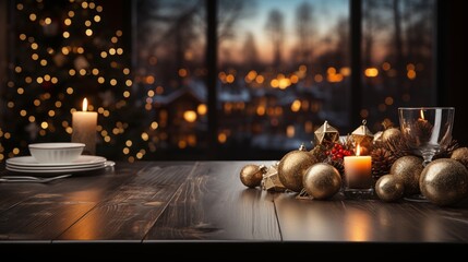 Fototapeta premium Wood dining table with copy space and christmas tree in the background