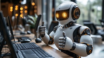 Fototapeta premium Approval or success is indicated by a robot standing in front of a desk, giving a thumbs-up gesture.