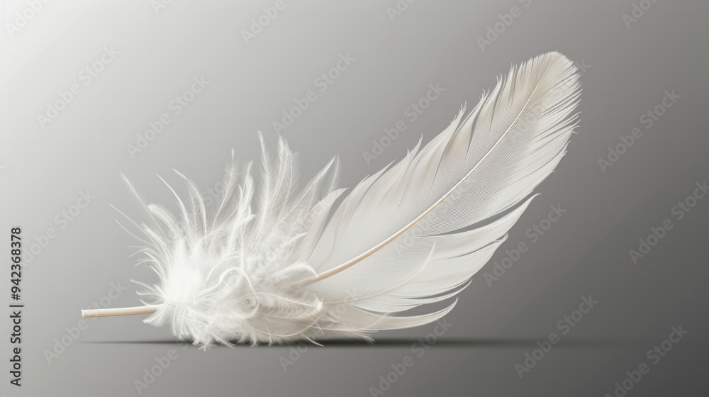 Poster a single white feather rests on a neutral gray background