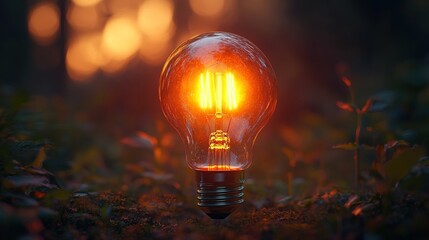 A simple light bulb glows softly in a dark room, offering warm and minimalistic illumination.