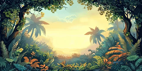 Fototapete Rund Prehistoric forest with big trees, mountain, lake, sun, cloudy sky and dinosaurs cartoon illustration © Duo Assyifa