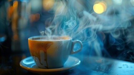 Smoke rising from a hot cup of coffee adds to the sensory experience of the drink.