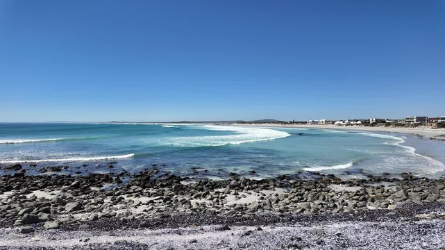 Yzerfontein Western Cape South Africa. 27.03.2024. Video. Yzerfontein rocky foreshore with tide coming in over the bay and 16 mile beach. West coast South Africa.