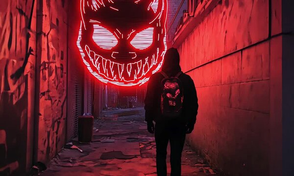 Person walking through dark alley with neon devil sign with ai generated.
