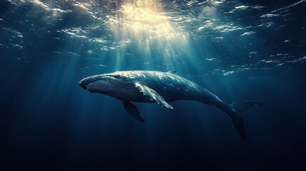 Fototapeta premium A whale emerges majestically from the ocean depths, bathed in rays of sunlight, creating an awe-inspiring underwater spectacle.