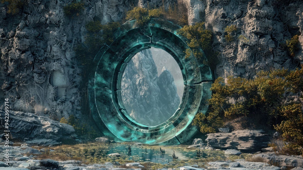 Poster a circular structure surrounded by rocks and sand