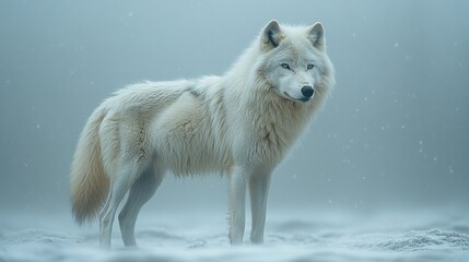 Obraz premium In the snowy wilderness, a solitary white wolf gazes rightward, portraying solitude and inherent strength.