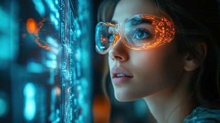 Dressed in a futuristic outfit and goggles, a woman explores a high-tech setting, symbolizing advanced technological exploration.