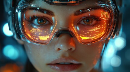 Dressed in a futuristic outfit and goggles, a woman explores a high-tech setting, symbolizing advanced technological exploration.