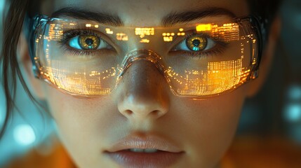 Dressed in a futuristic outfit and goggles, a woman explores a high-tech setting, symbolizing advanced technological exploration.