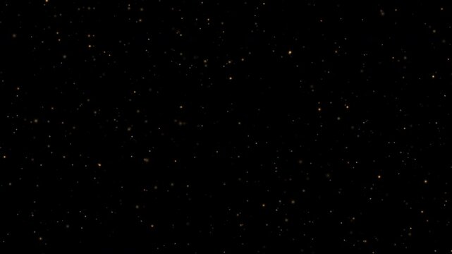 Beautiful animation  loop moving flicker glowing gold stars particles flow on black abstract background. Gold stars particle on black background motion titles cinematic background loop. 
