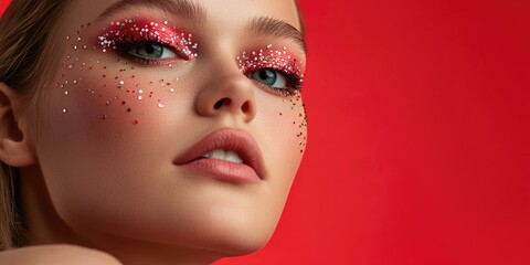 Fashionable Female Model with Red Sparkles Glamour Photography