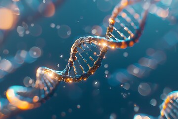 Closeup of the double helix DNA structure, a realistic 3D model, on a blue background with soft shadows and highlights, 