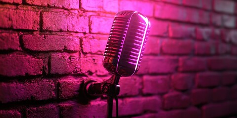 Vintage Pink Microphone Against Brick Wall