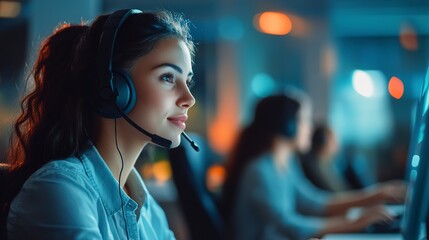 Visuals representing customer service and support, including headsets, customer interaction, and help desks