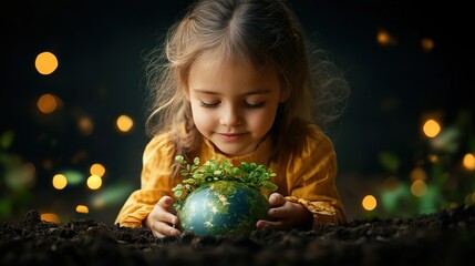 Fototapeta premium A young girl plants on a globe, illustrating a nurturing approach to environmental care.