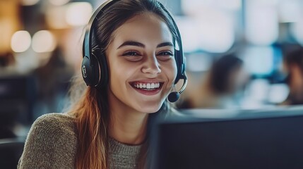 Cheerful young woman wearing a headset and working at a computer, in a customer service or call center environment. 