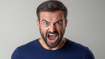 A man with a beard is screaming and shouting in surprise, showing a funny and angry expression with his mouth open and eyes wide