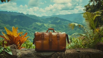 Take a shot of a travel bag at a serene mountain lodge, surrounded by lush greenery and picturesque landscapes, ready for a nature retreat.