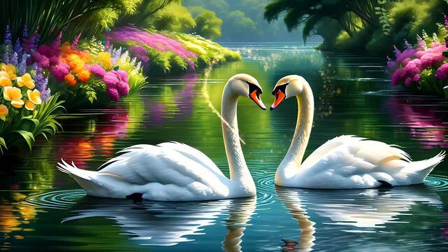 Two swans facing each other, forming a heart shape, in a colorful garden pond with vibrant flowers. Seamless looping time-lapse video background.