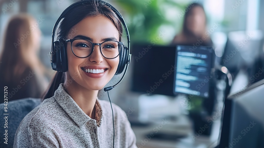 Poster Friendly customer service representative with headset smiling at screen, tech support concept 