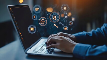 Service Tech Interface: Person in blue shirt uses a laptop with floating icons like a team symbol, wrench, and handshake, indicating management of customer service and professional services. 