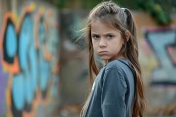 A young girl with a serious expression stands against a colorful graffiti wall in an urban setting during daylight