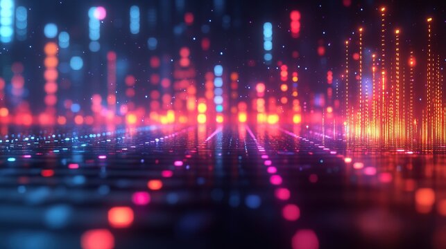 An abstract audio visualizer displays colorful bars and buttons, enhancing the visual representation of sound.