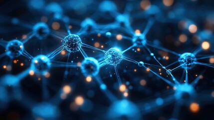 Featuring a complex, interconnected design, an abstract blue network is depicted.