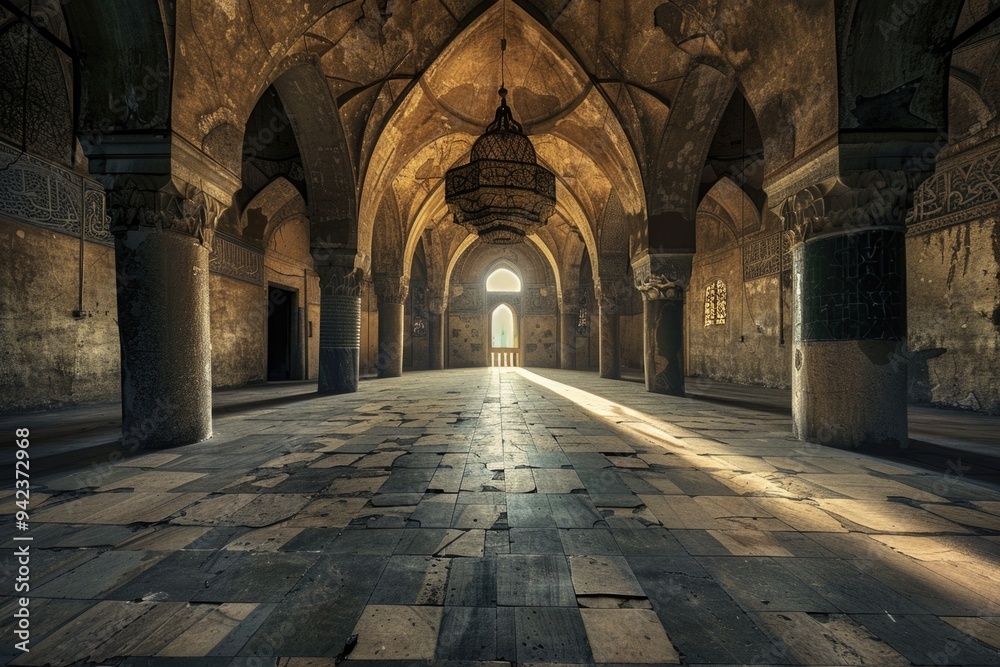 Poster A large room with numerous columns and arches