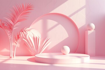 3d render abstract minimal background with geometric shapes and podium for product display presentation. Beige, pink colors. With green plant and red ball on the right side. Mock up template
