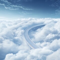 A surreal bridge winding through a fluffy cloudscape under a blue sky.