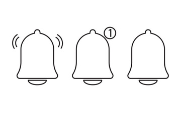 Notification bell icons. One alert symbol. Three simple vector bells. Black outline style.