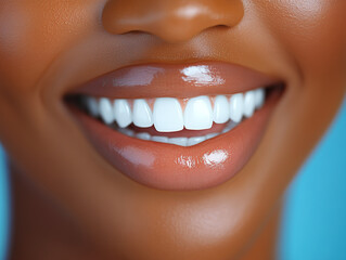 A close-up of a beautiful black woman's white teeth