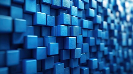 Blue cubes are methodically placed in a geometric abstract pattern.