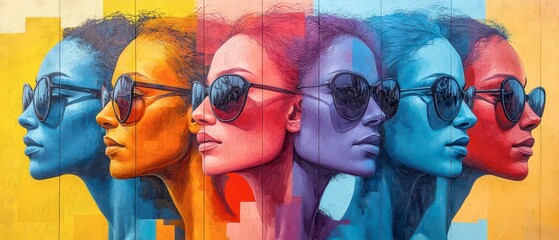 Vibrant mural showcasing colorful portraits of a woman wearing sunglasses