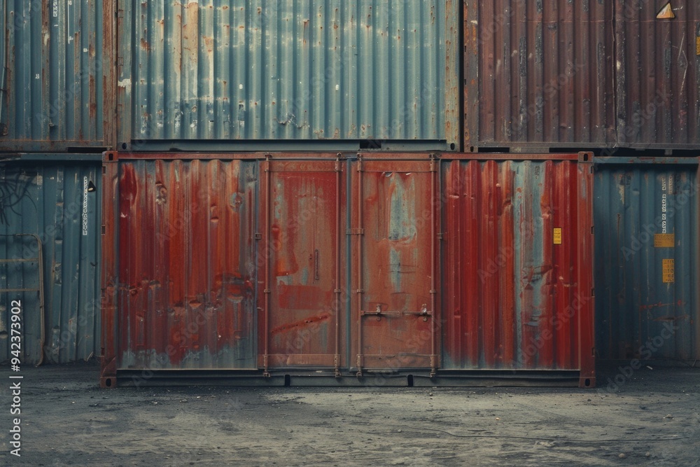 Poster a collection of metal containers piled high, suitable for use in industrial or storage scenes
