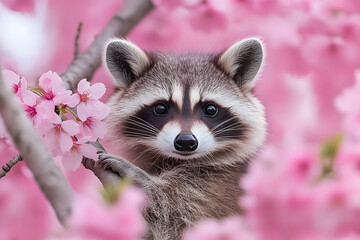 Obraz premium A charming raccoon perched among blooming pink cherry blossoms, blending nature's beauty with playful wildlife.