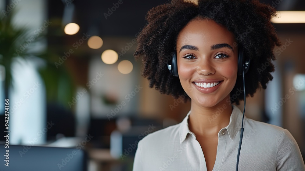 Wall mural A professional woman with a headset smiles confidently in a modern office environment, representing customer service and communication. 