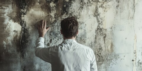 Obraz premium A man dressed in a white shirt gently touches a moldy wall, which stands as a powerful symbol representing his ongoing struggle against the decay that surrounds him as well as within himself