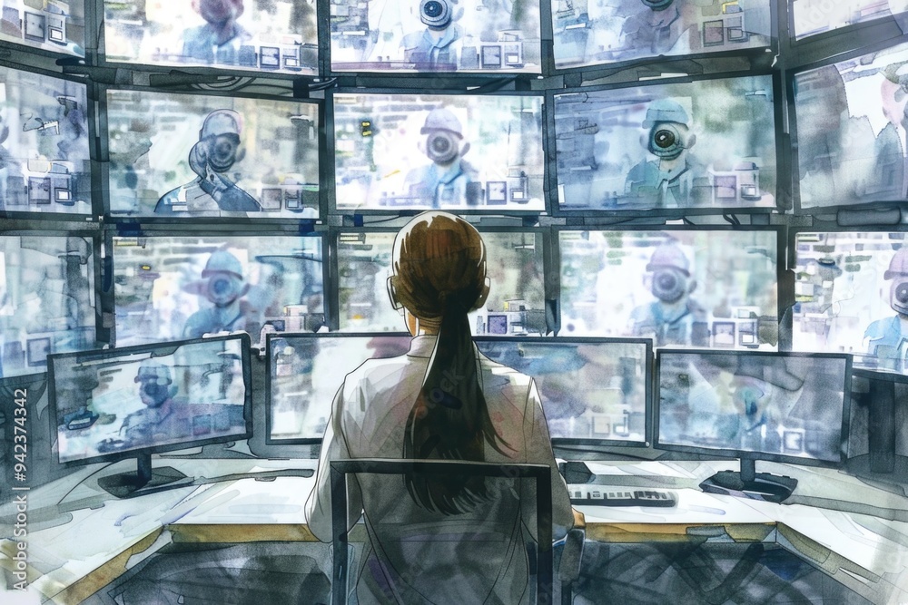 Aufkleber A person typing away on a desktop with multiple screens