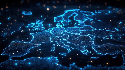 Obraz premium Business data transfer and connectivity are the focus of an abstract digital map of Western Europe.