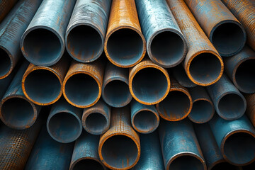 A close-up view of stacked metal pipes in various colors, showcasing a blend of textures and shapes in industrial design.
