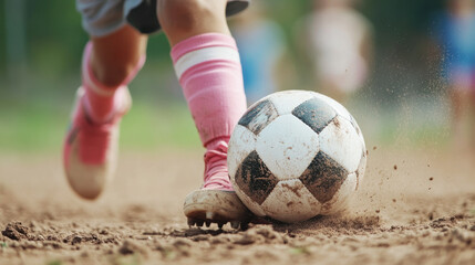 Football player in pink soccer boot shoes, kicking ball on dusty field
